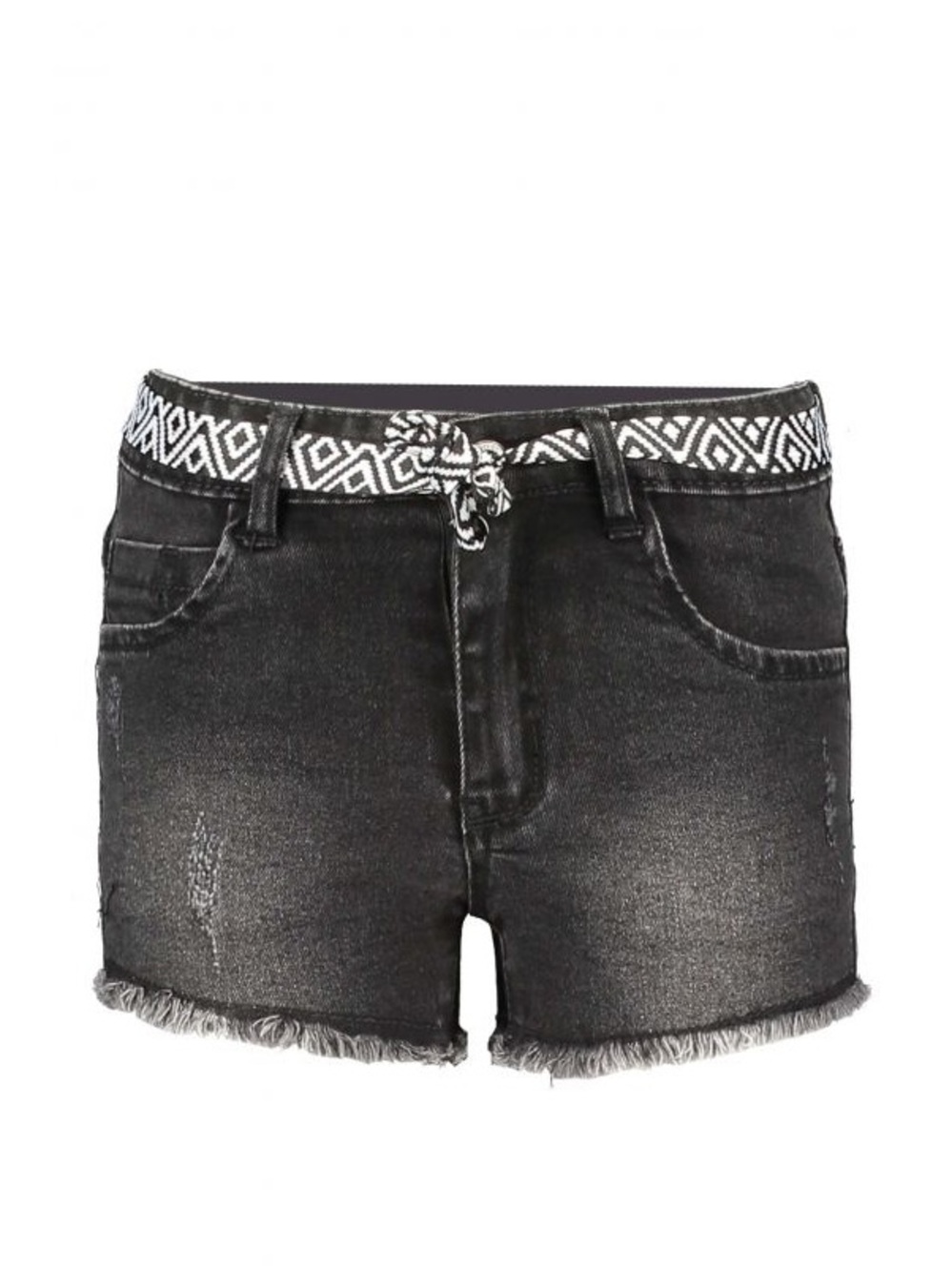 Kids Black Denim Frayed Hem Shorts with Patterned Waist Tie
